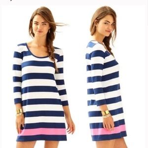 NWT Lilly Pulitzer Devon A Line Dress Bright Navy and White Strip with P…